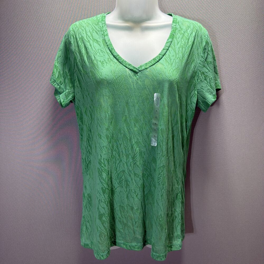 Loft Womens L Green Semi Sheer Velvet Feel Floral V Neck Short Sleeve Tee NWT